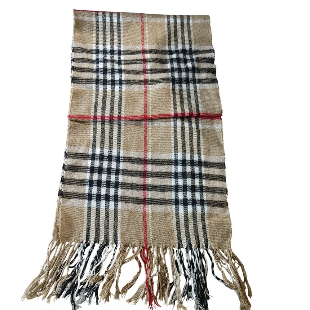 Nova Check Beige Plaid Scarf Wrap Blend Fringe 60 by 12 Classic Checkered Patter